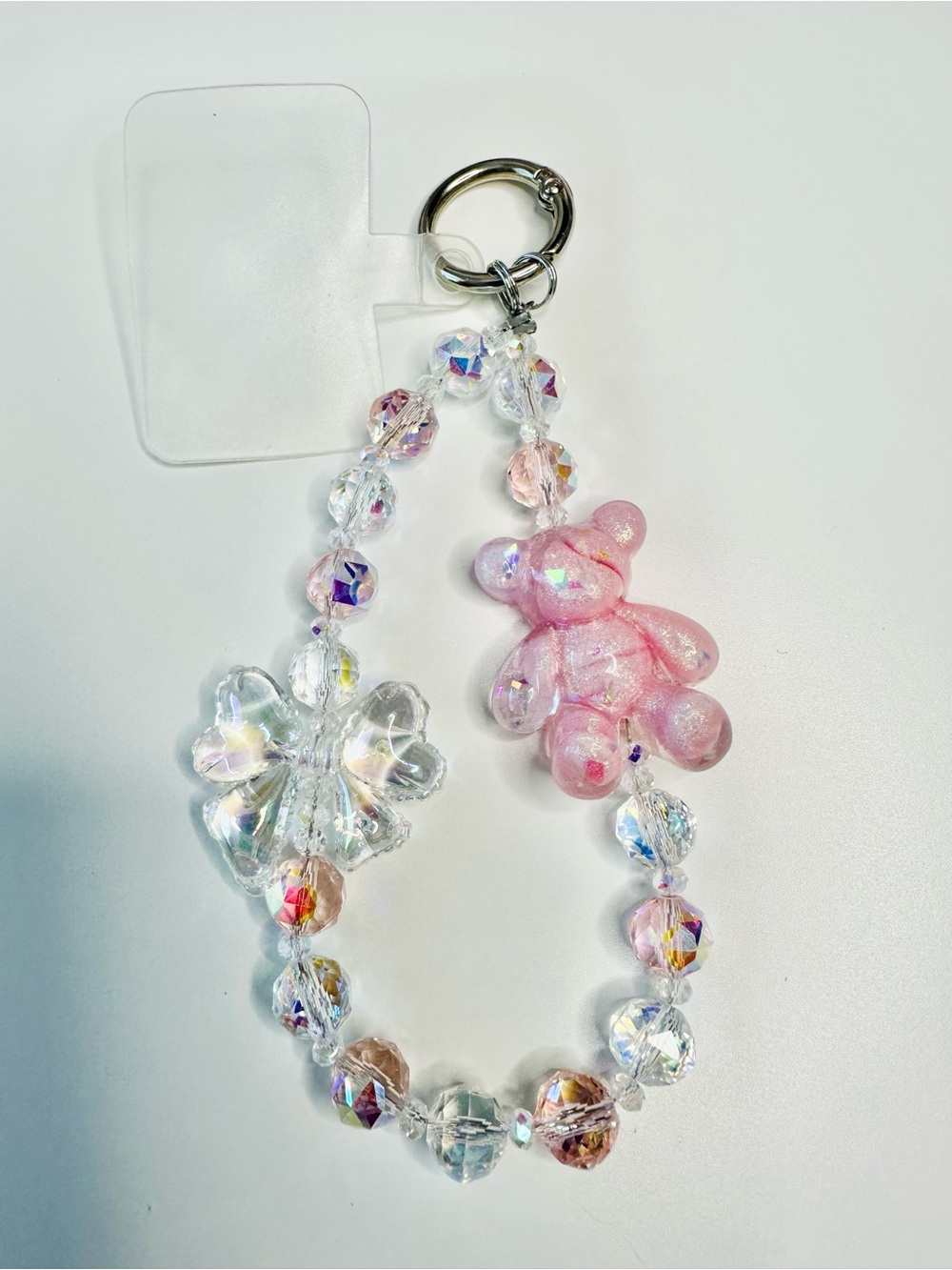 Pink Iridescent Teddy Bear Beaded Keychain, or Phone Holder or Bag Charm